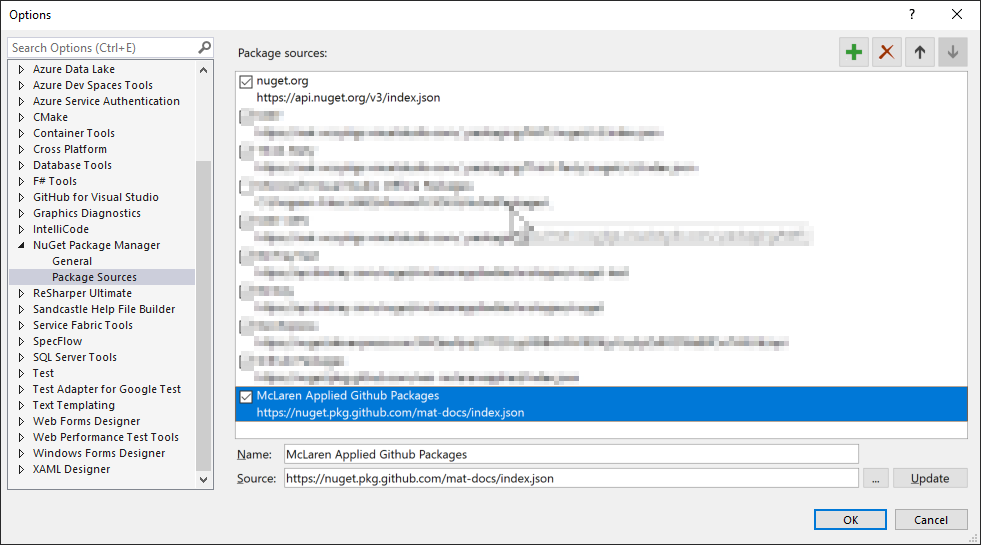 NuGet Sources dialog